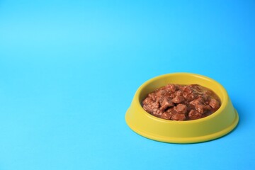 Wet pet food in feeding bowl on light blue background. Space for text
