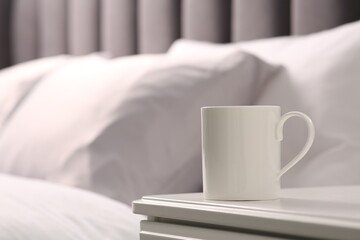 Ceramic mug on white bedside table indoors. Mockup for design