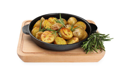 Delicious baked potatoes with rosemary isolated on white