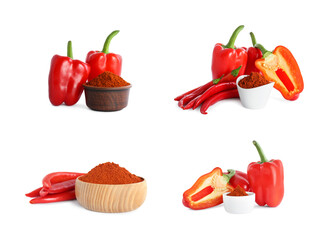 Collage with aromatic paprika powder and different fresh peppers on white background