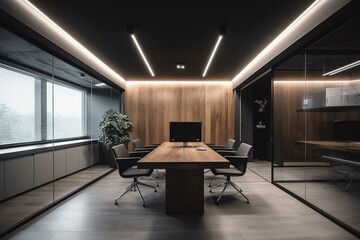 Contemporary office with desk and wall. Generative AI