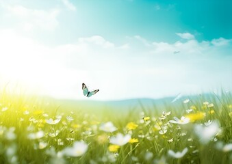 Fototapeta na wymiar a butterfly is flying over a field of white daisies