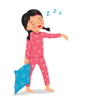 Cute little girl in pajamas holding pillow sleepwalking at night 
