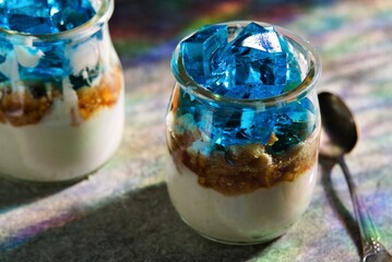 Cottage cheese dessert with blue jelly