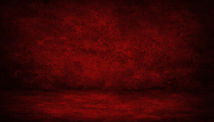 Black blood red horror background. Interior room. Concrete old wall, floor. Grunge. Product display. 3d rendering. Empty space. For mockup, showcase, design. Stage. Dark. Spooky creepy. Broken,cracked