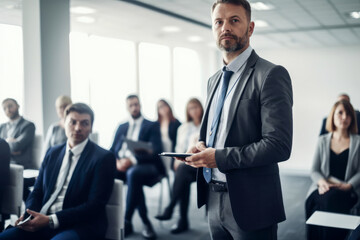 Fototapeta premium Man speaking at a business conference. Business and entrepreneurship symposium. High quality generative ai