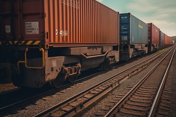 Fototapeta na wymiar Train hauling multiple cargo containers and freight cars. Generative AI