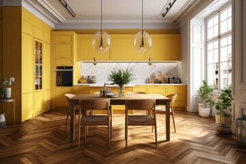 Sleek yellow kitchen with herringbone parquet floor & dining table. Generative AI