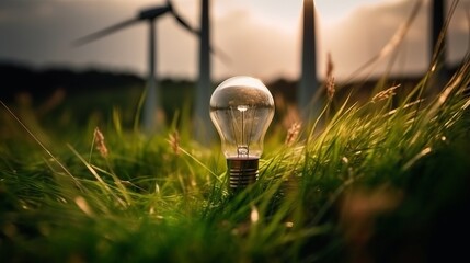 Light bulb with wind turbine and green grass. Green energy. AI generated