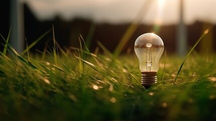 Light bulb with wind turbine and green grass. Green energy. AI generated