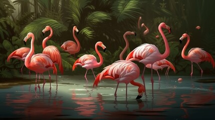 Fototapeta na wymiar Lot of flamingos in pool photorealistic. Al generated