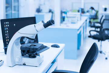 Selective focus microscope in laboratory unit.Modern medical research laboratory  .Health scientific lab biotechnology department center .Medical technology and pharmaceutical research concept.