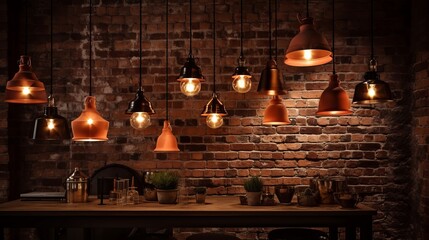 Many pendant lamps againts red brick wall. Al generated
