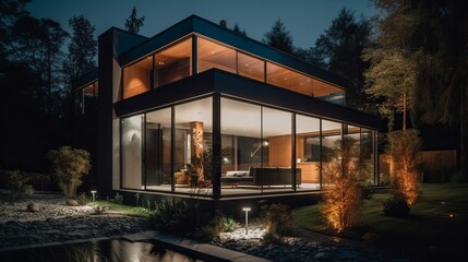Fototapeta na wymiar Modern house with garden at night. AI generated