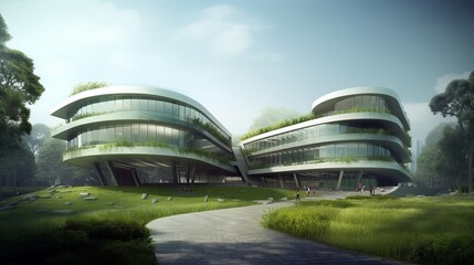 Obraz premium Modern education office building with green, eco concept. AI generated