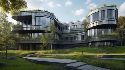 Fototapeta na wymiar Modern education office building with green, eco concept. AI generated