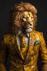 Lion Wearing Beautiful Tailored Golden Suit. Generative ai