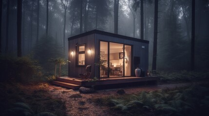 Fototapeta na wymiar Modern tiny house in forest barnhouse cozy realistic. Al generated