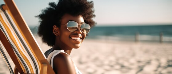 Happy Smiling African woman sitting on deck chair at beach. Generative AI