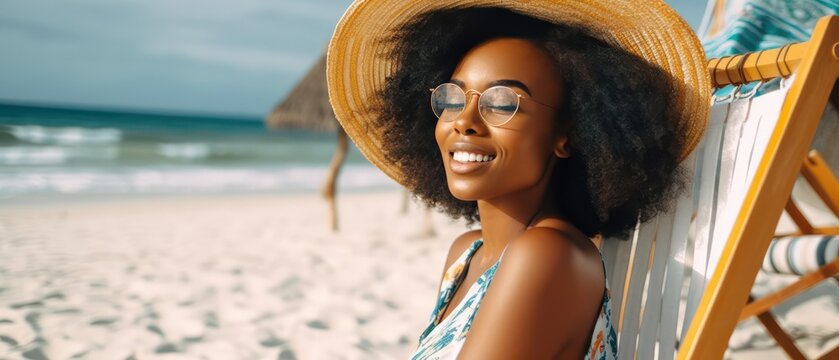 Happy Smiling Black Woman Sitting On Deck Chair At Beach. Generative AI