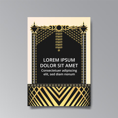 Art Deco luxury template golden black A4 page, menu, card, invitation, Sun and city lights in an Art deco Art Nuovo style, beautiful background, Retro mystic and occult flyer