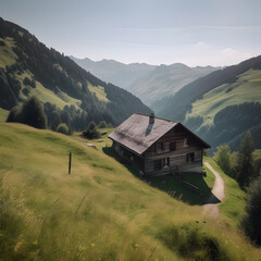Obraz premium Peaceful house Serene Mountainside landscape with hills, mountains, cottage, trees, clouds