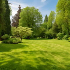 grass lawn trees in backyard bushes sunny partly cloud clouds blue sky