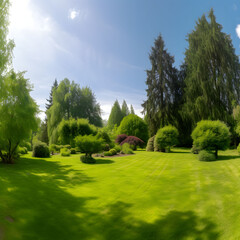 Fototapeta na wymiar grass lawn trees in backyard bushes sunny partly cloud clouds blue sky