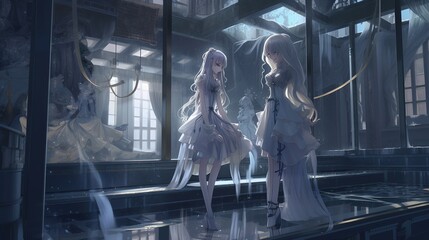 ghost ladies on platform, digital art illustration, Generative AI