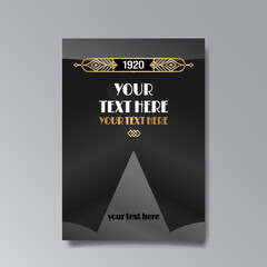 Art Deco luxury template golden black A4 page, menu, card, invitation, Sun and city lights in an Art deco Art Nuovo style, beautiful background, Retro mystic and occult flyer