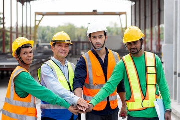 Group teamwork architect harmonious with hands for achievement together, engineer and construction site, team builder and contractor development residential while successful, colleague and friendship.