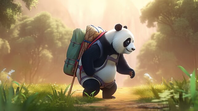 panda backpacker, digital art illustration, Generative AI