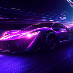Obraz na płótnie Canvas Futuristic supercar driving in the night in purple neon colors, generative AI