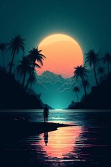 Sunset on tropical beach with palm tree generated ai	
