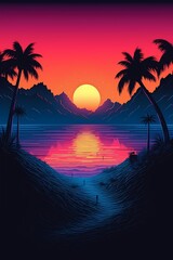 Sunset on tropical beach with palm tree generated ai	
