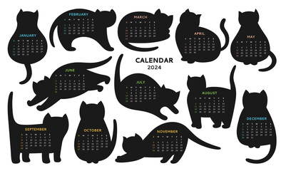 Cats silhouette with Calendar 2023 template set. Monthly calendar cute shape kitty pets collection. Funny stamp contour cats animal with different poses. Trendy isolated event planner vector