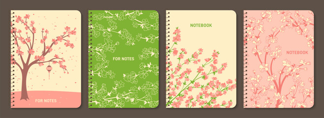 Sakura cherry blossom tree and twigs trendy notebook cover set. Japanese blooming plant with flowers design for planner, brochure, book, catalog. Notepad with Asian plants. Decorative page template