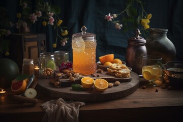 Obraz na płótnie Canvas A wooden table decorated for Ramadhan with iced tea in a glass and fruits. Generative AI