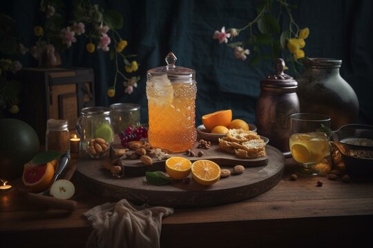 A wooden table decorated for Ramadhan with iced tea in a glass and fruits. Generative AI
