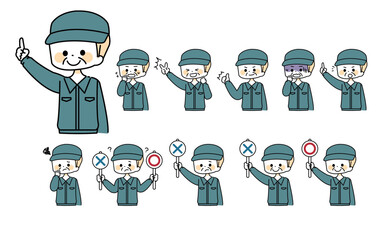 作業服を着た中年男性のイラストのセット
