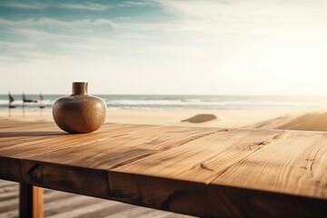 Wooden table with beach background for showcasing products. Generative AI