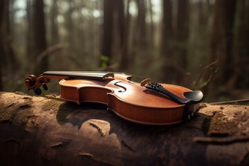 Close-up shot of a violin resting on the ground. Generative AI