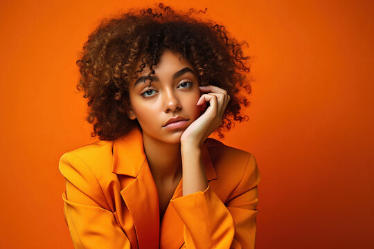 Young adult woman with hand on chin wearing orange outfit over and orange background. Generative Ai