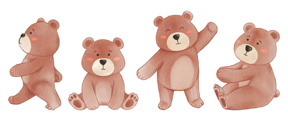 Bear . Watercolor painting design . Set of cute animal cartoon character . Vector .