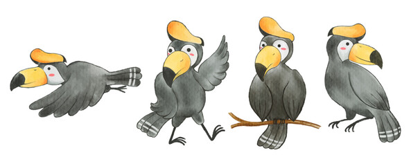 Hornbill bird . Watercolor painting design . Set of cute animal cartoon character . Vector .