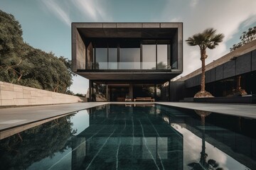 Luxurious and modern villa with geometric exterior design and an infinity pool. Generative AI