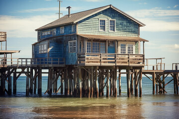 Beach house on pilings, on a sunny day, high quality generative ai