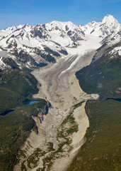Aerial view of Tiedemann Glacier medial moraines descending from Mount Waddington, British Columbia Coast Range