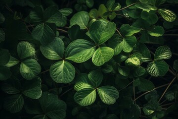 Fototapeta na wymiar Descending foliage of four-leaf clovers. Generative AI