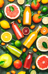 Summer drinks. Citrus fruit juices, fresh and smoothies, food background, top view. Mix of different whole and cut fruits: orange, grapefruit, lime, tangerine with leaves 
